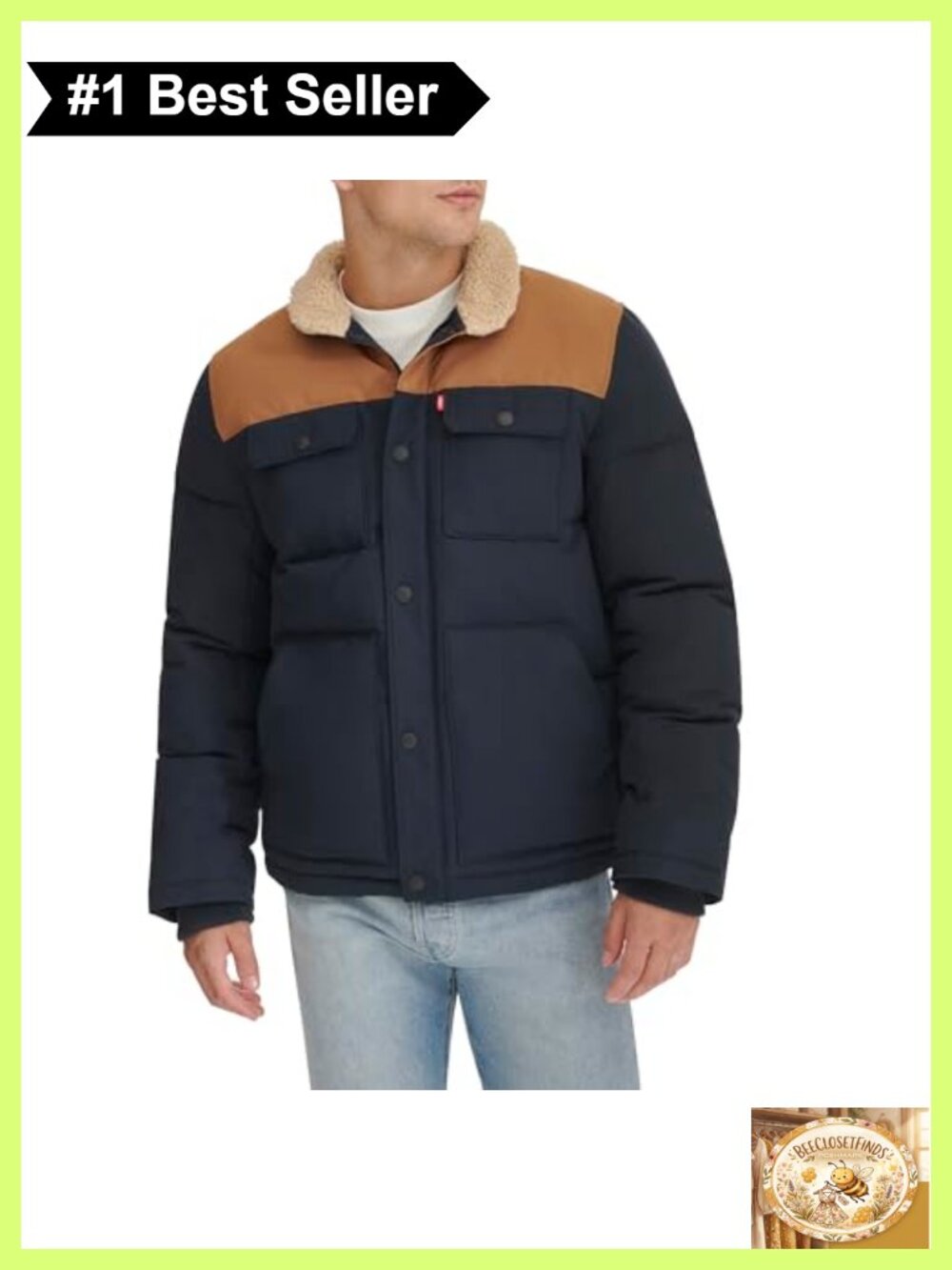 Men's Mixed Media Quilted Puffer Jacket Sherpa Lined Collar